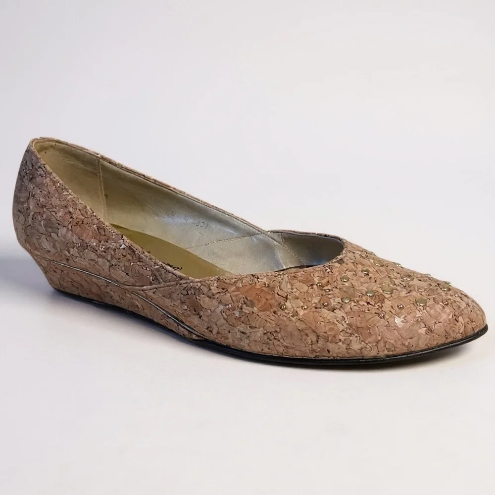 Vintage 1980s Rosina Ferragamo Schiavone Womens Wedge Heel Sz 9 Tan Cork Studded